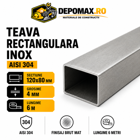 Teava rectangulara inox AISI 304, 120 x 80 x 4 mm, 6 metri